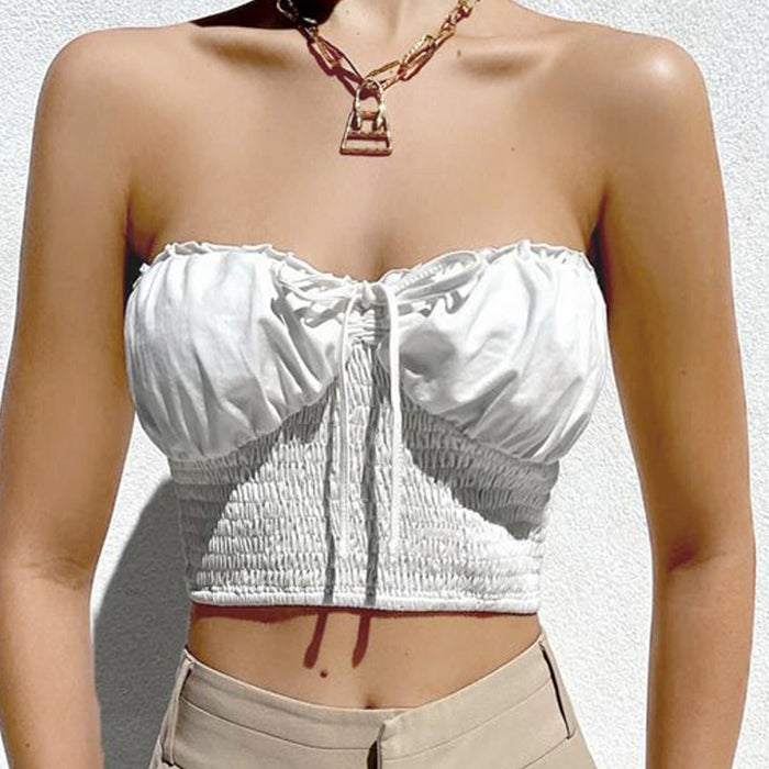 Women Clothing Summer Sexy Tube Top Backless Lace Bow Tie Cropped Top Wrapped Chest Women