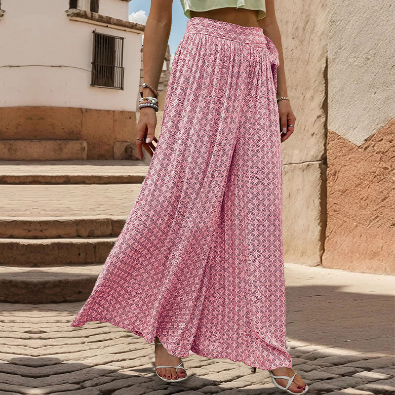 Summer Loose Wide Leg Pants Women Clothing Tied High Waist Casual Printed Trousers