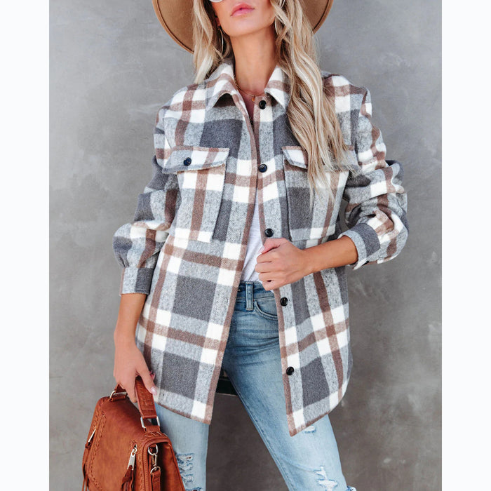 Casual Autumn Winter Plaid Brushed Collared Jacket