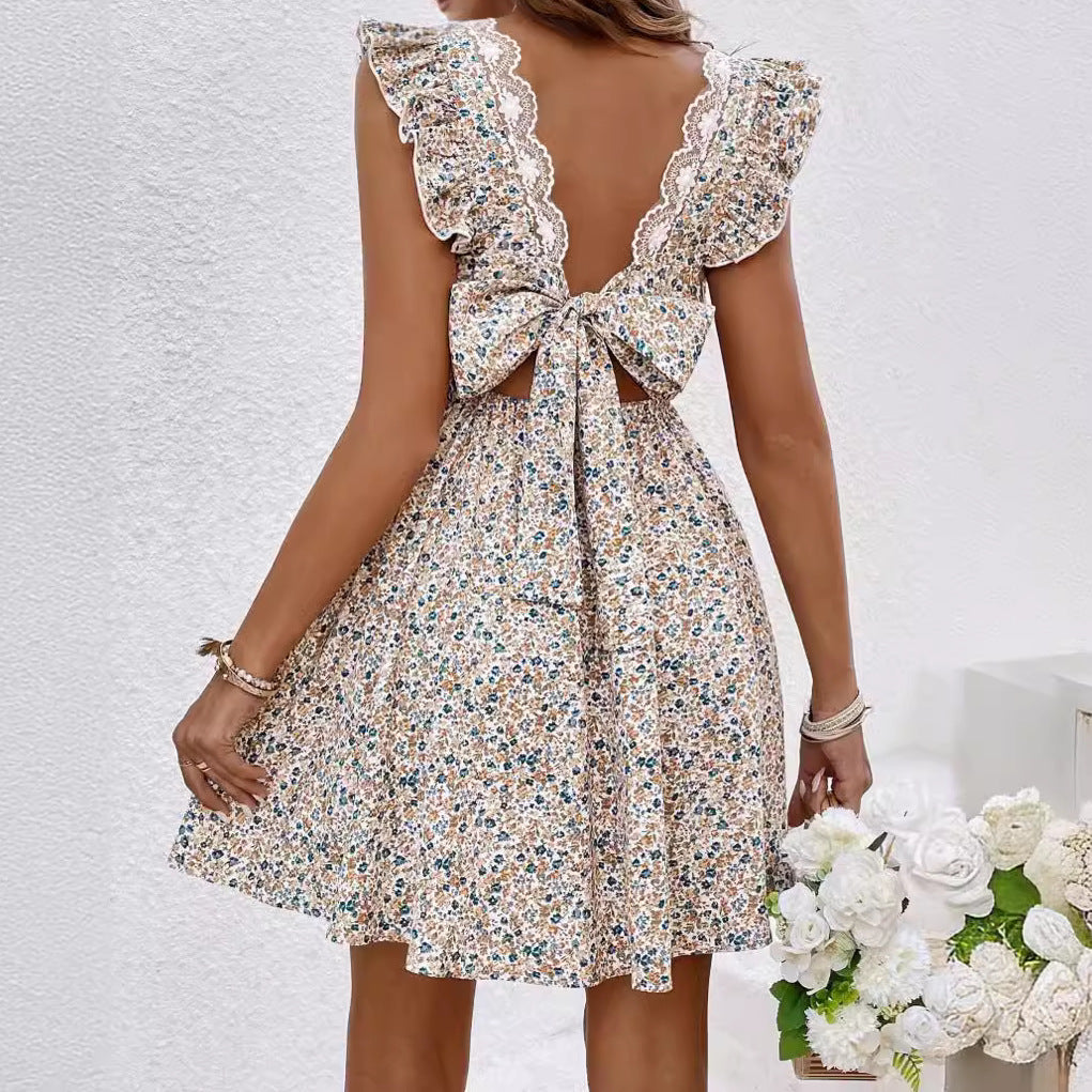 Women Clothing Women Floral Print Ruffles Cover Sleeve V neck Dress Lace up Backless A line Dress