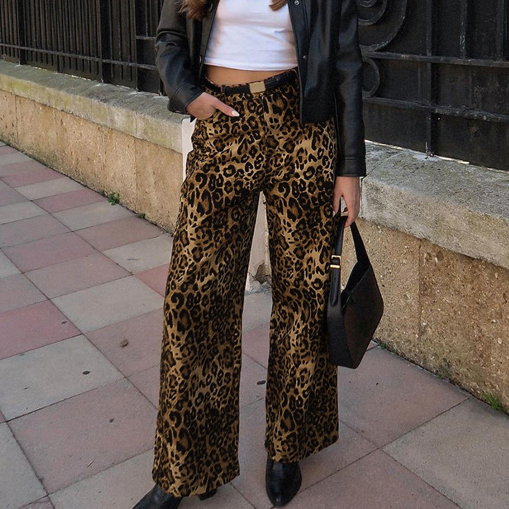 Spring Summer Retro Leopard Print Wide Leg High Waist Casual Pants Office Trousers Women