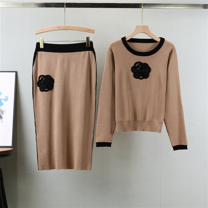 Spring Autumn Camellia Knitting Suit Women Crew Neck Top with Contrast Color Hip Skirt