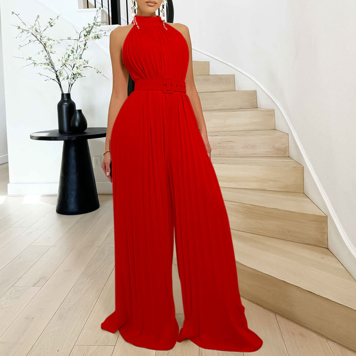 Summer Sexy Solid Color Sleeveless Sexy Wide Leg Pleated Wide Leg Jumpsuit