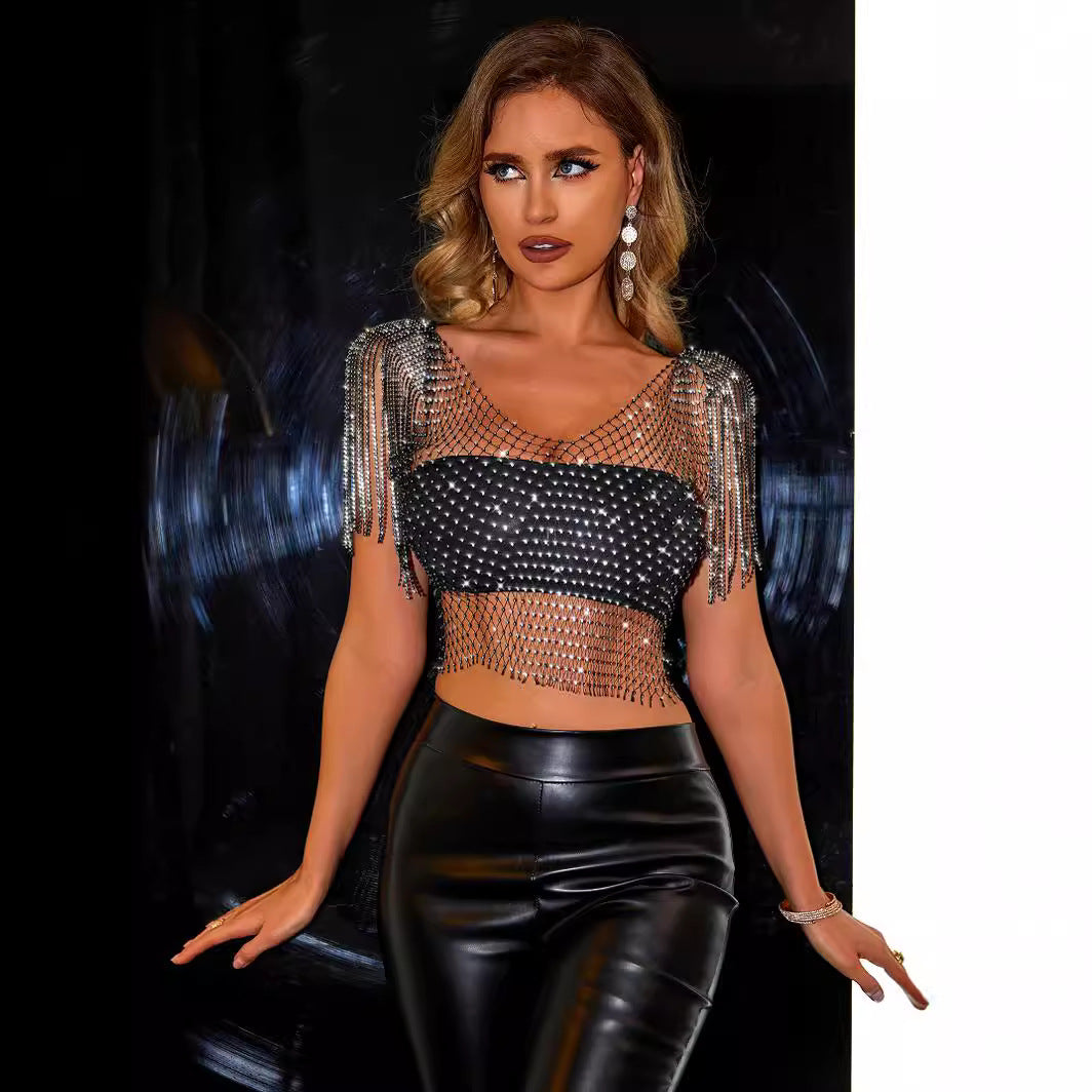 Rhinestone Sexy Fishnet Top Summer Net Drill Rhinestone Women Tassel Tippet Small Vest