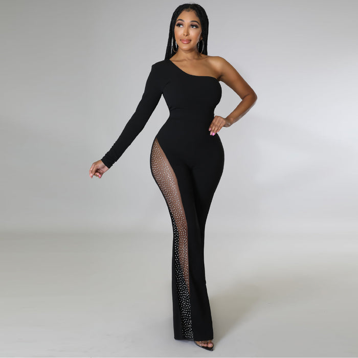 Trousers Mesh Rhinestone Tube Top One Shoulder Sexy Nightclub Jumpsuit