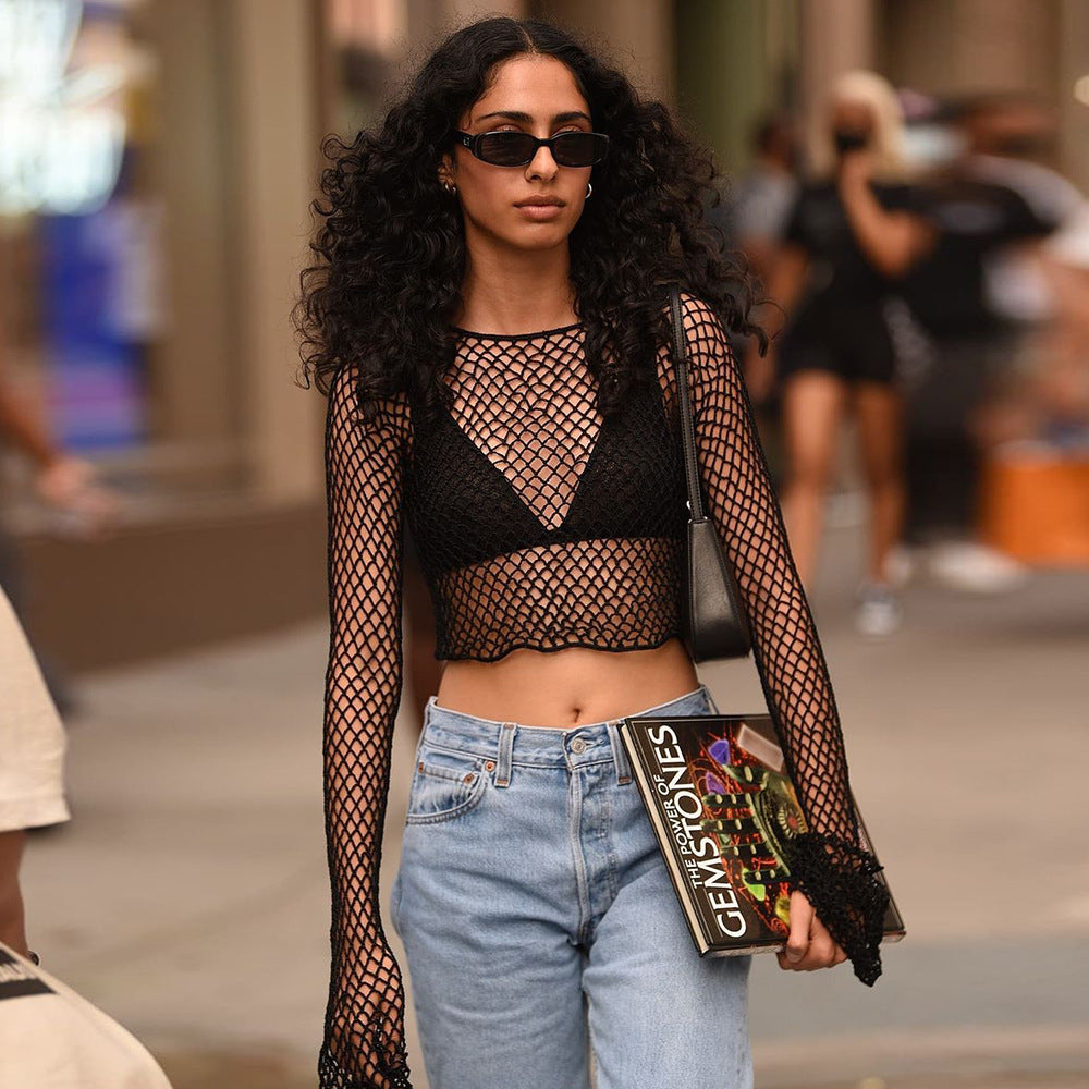 Women Clothing Sexy Fishnet See through Short T shirt Hollow Out Cutout Mesh Blouse round Neck Cropped Top