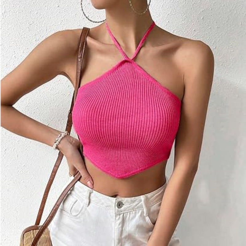 Sexy Sexy Women Clothing Short Temperamental Backless Halter Lace Up Knitted Vest Top Women