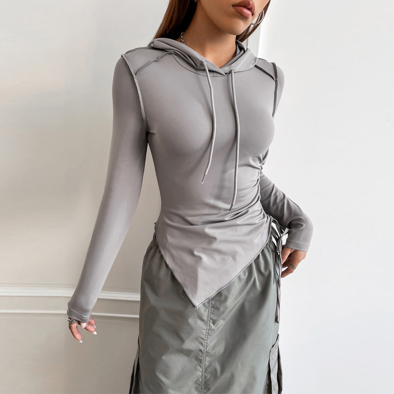 Women Clothing Autumn Personality Street Drawstring Ruffle Irregular Asymmetric Slim Hooded Top