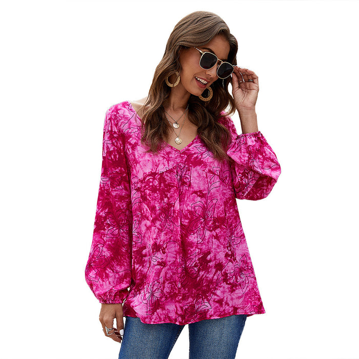 Women Clothing Top Casual Patchwork V neck Tie Dyed Long Sleeved Shirt Women