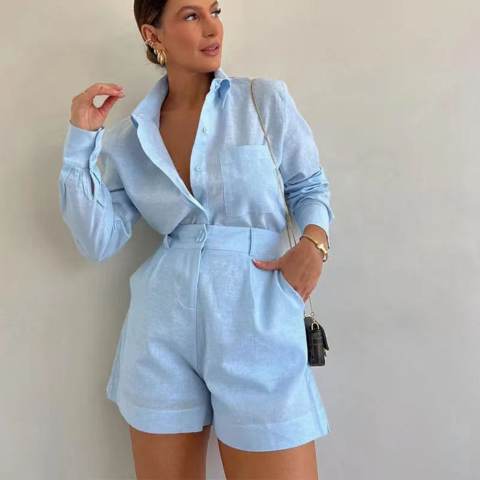 Women Clothing Casual Short Trousers Long Sleeve Shirt Set