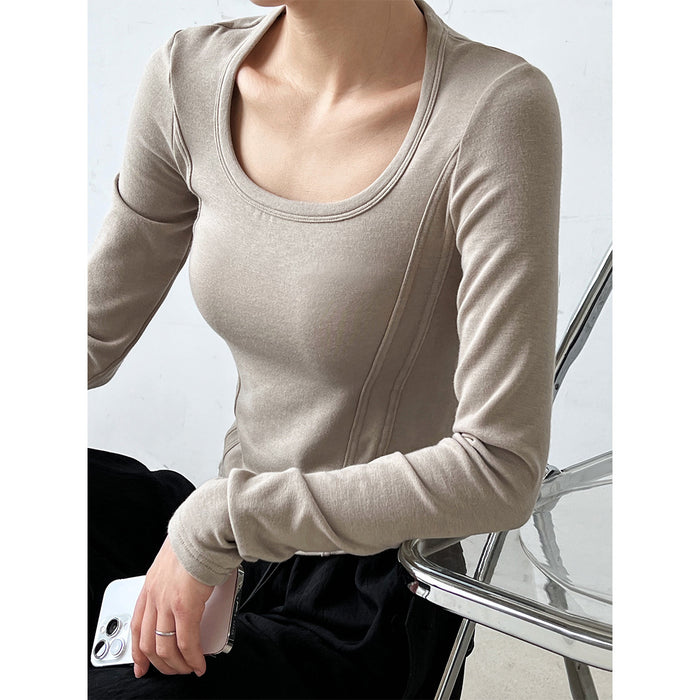 Sexy Slim Fit Patchwork off Shoulder Soft Glutinous Bottoming Shirt Autumn Big U Neck Long Sleeve T shirt Women