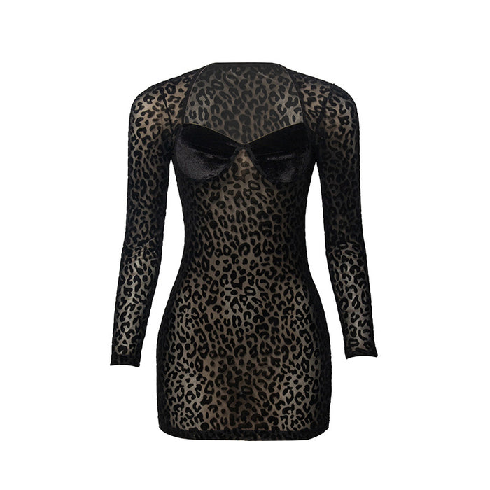 Autumn Leopard Flocking Mesh Sexy Hip Wrapped Short Dress