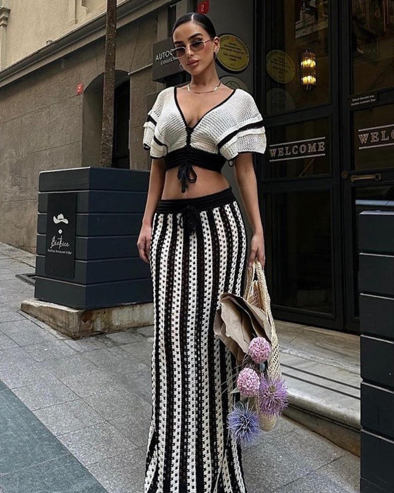 Summer Women Clothing Sexy V Neck Hollow Out Cutout Striped Knitted Women Skirt Set