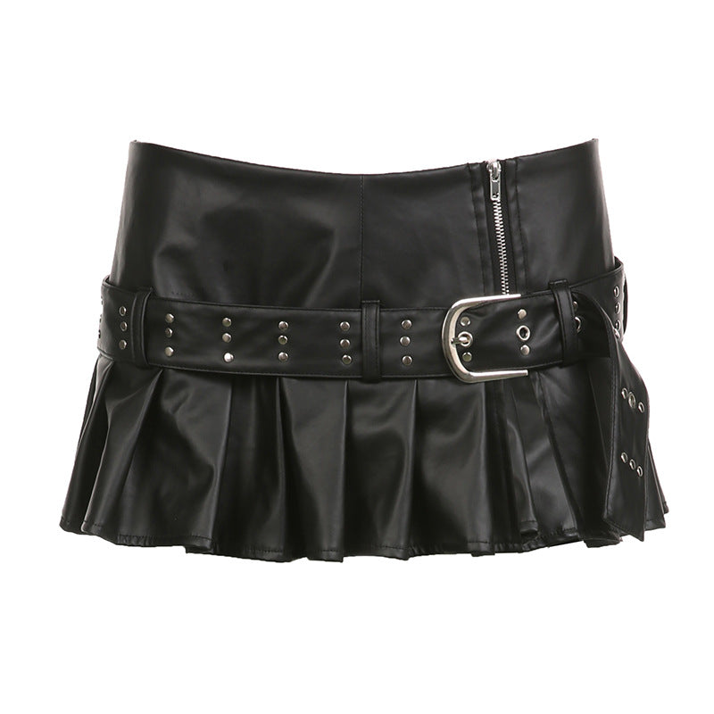 Dark Split Faux Leather Skirt Women Sexy Sexy Low Waist Rivet Belt Buckle Decorative A Line Sheath Pleated Skirt