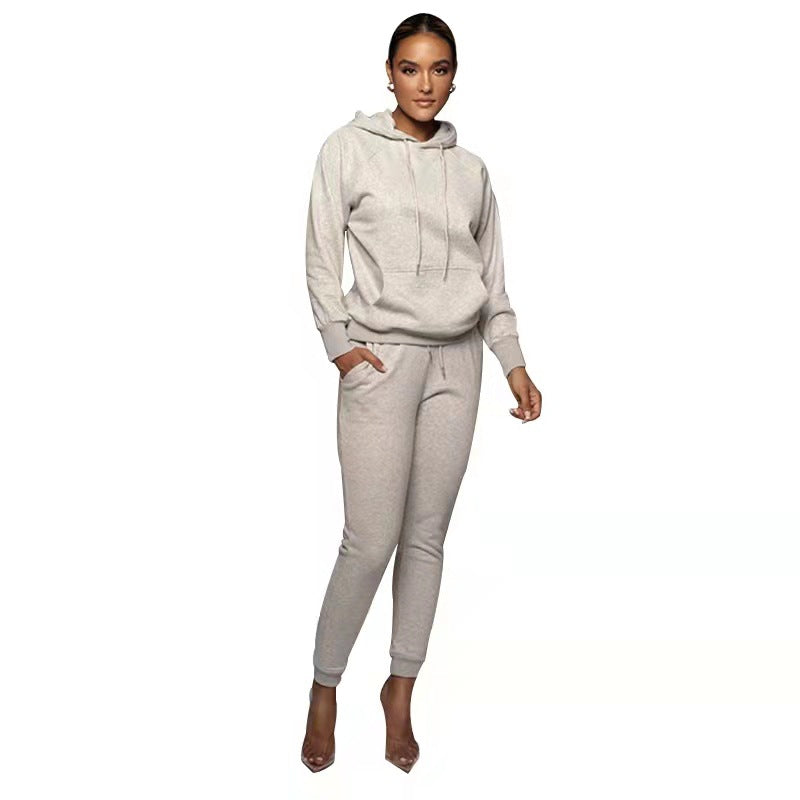 Autumn Winter Solid Color Hooded Pullover Trousers Women Urban Casual Pocket Long Sleeve Sweater Set