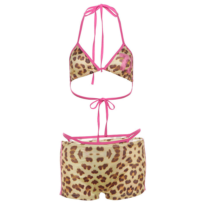 Summer Women Clothing Contrast Color Strap Leopard Print Bikini High Waist Hip Shorts Set