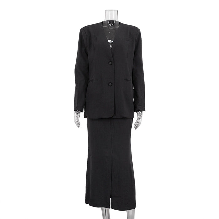 Early Autumn Office Women V neck Loose Blazer High Waist Package Hip Skirt Two Piece Set