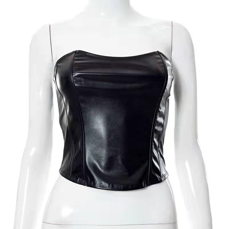 Summer Tube Top Cinched Waist Slim Sexy Women Faux Leather Vest Women Tube Top