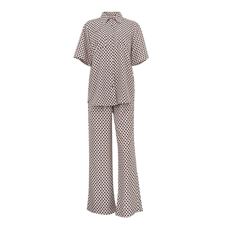 Women Clothing Summer Printing Suit Short Sleeve Collared Shirt Lace up Trousers Two Piece Set