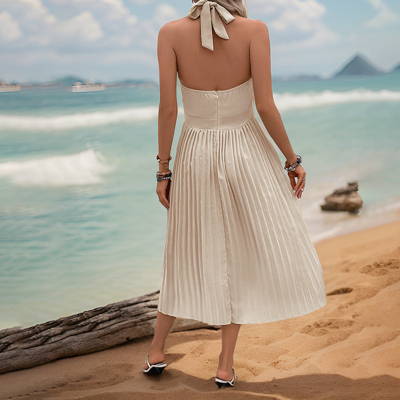 Summer Women Vacation Solid Color Halter Pleated Dress