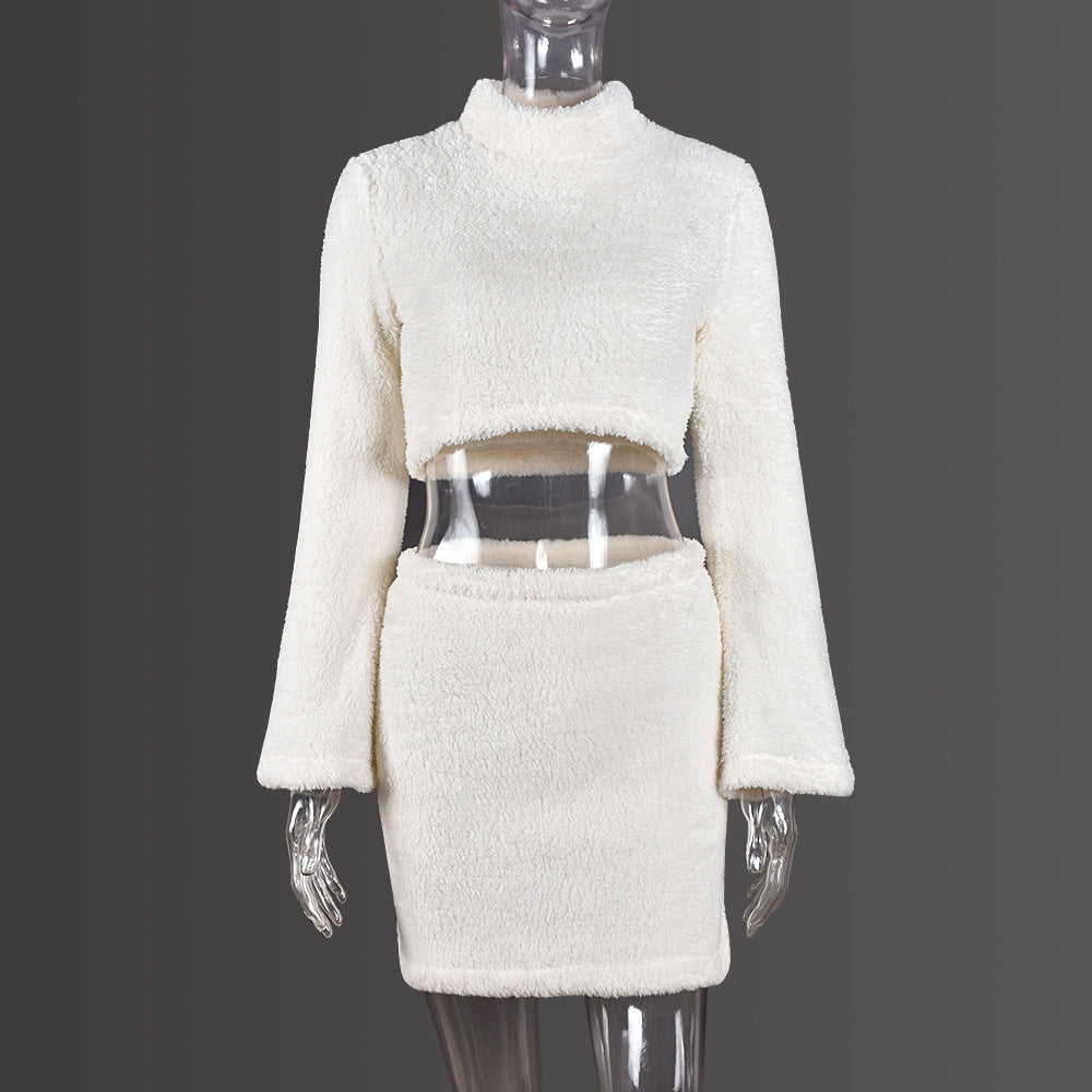 Autumn Winter Fleece lined round Neck Long Sleeve Top Fashionable Warm Skirt Set for Women