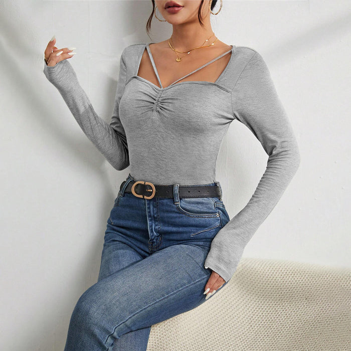 Women Clothing Minimalist Design Square Neck T shirt Fall/Winter Slim All Match Slimming Bottoming Top