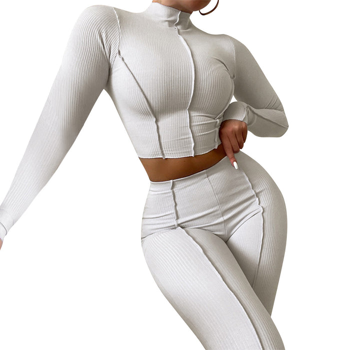 Women Clothing Fall ide-out Wear Design High-Necked Thread High Waist Slim Fit Two-Piece Suit