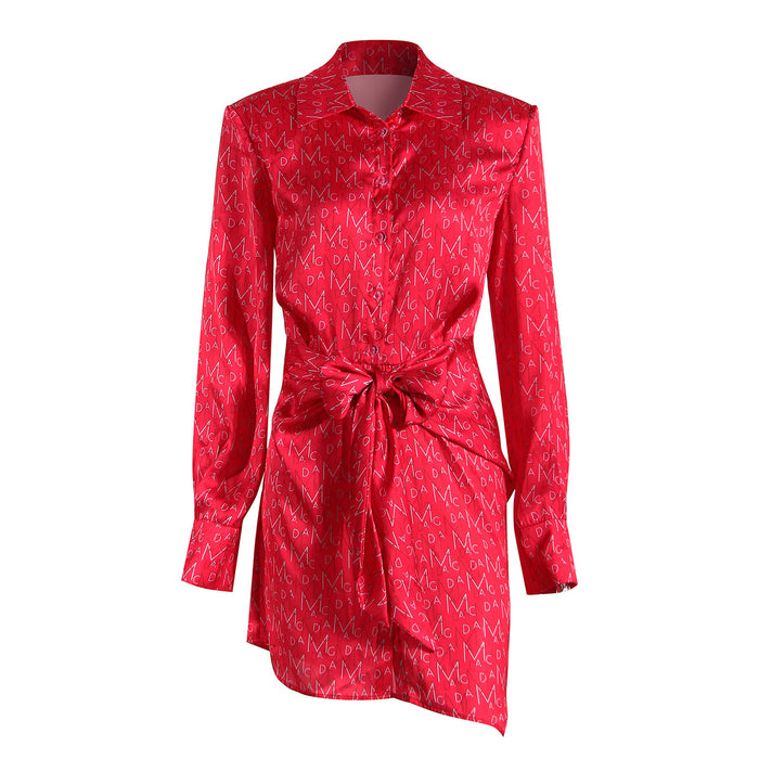 Red Letter Graphic Print Summer Satin Shirt Dress Women Cinched Short Dress