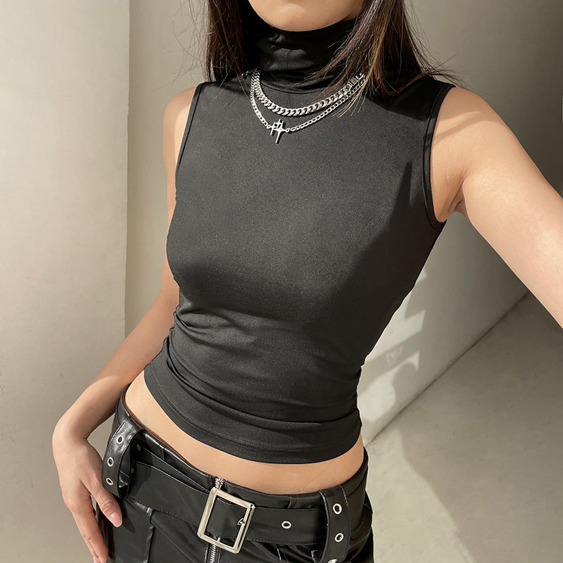 Street Basic Solid Color Turtleneck Anti Car Outer Wear Sleeveless Vest Sexy Elegant Slim Stretch Casual Top