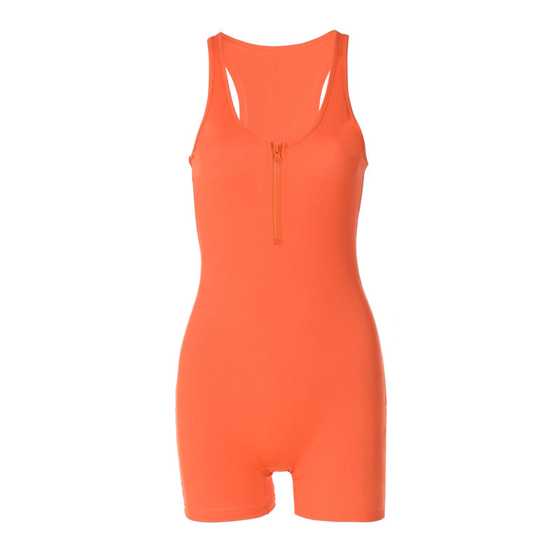 Women Clothing Summer Solid Color Slim Zipper Sleeveless Jumpsuit