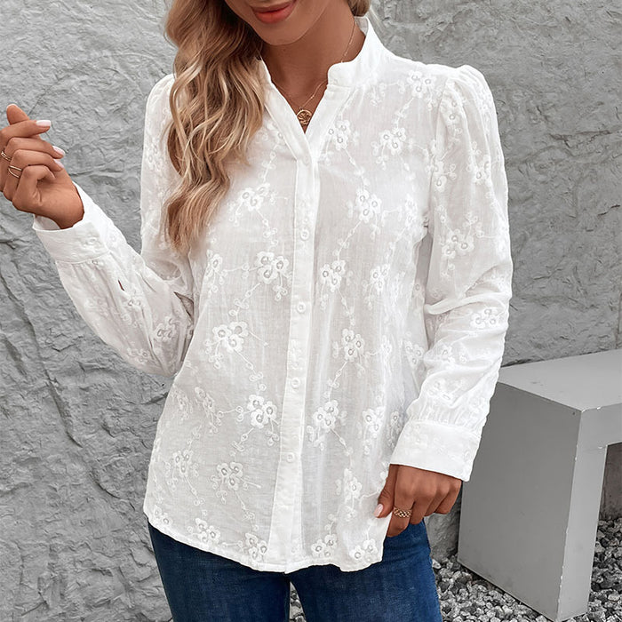 Women Clothing Cardigan Shirt Long Sleeve Hollow Out Cutout out Lace Tops Jacquard Shirt