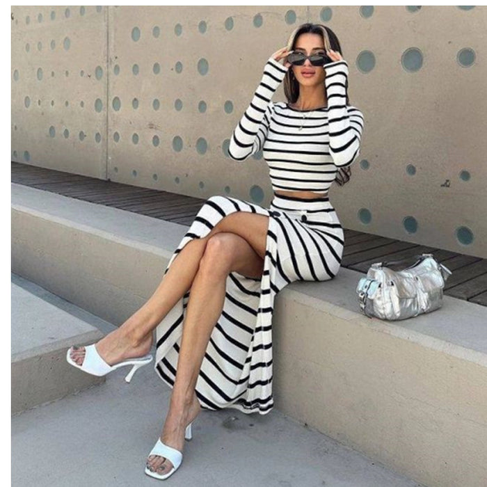 Autumn Classic Black White Stripes Long Sleeve Short Top Button Skirt Set