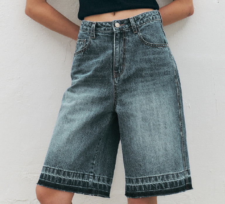 Retro Loose High Waist Casual Denim Middle Pants Women