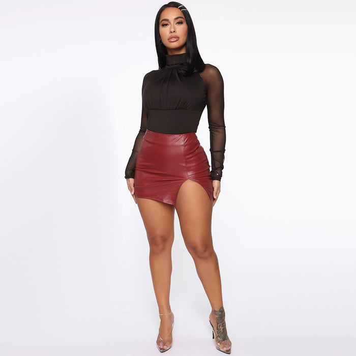 Women Skirt High Waist Hip-Wrapped Skirt Nightclub Faux Leather Zipper Sexy Black Leather Skirt