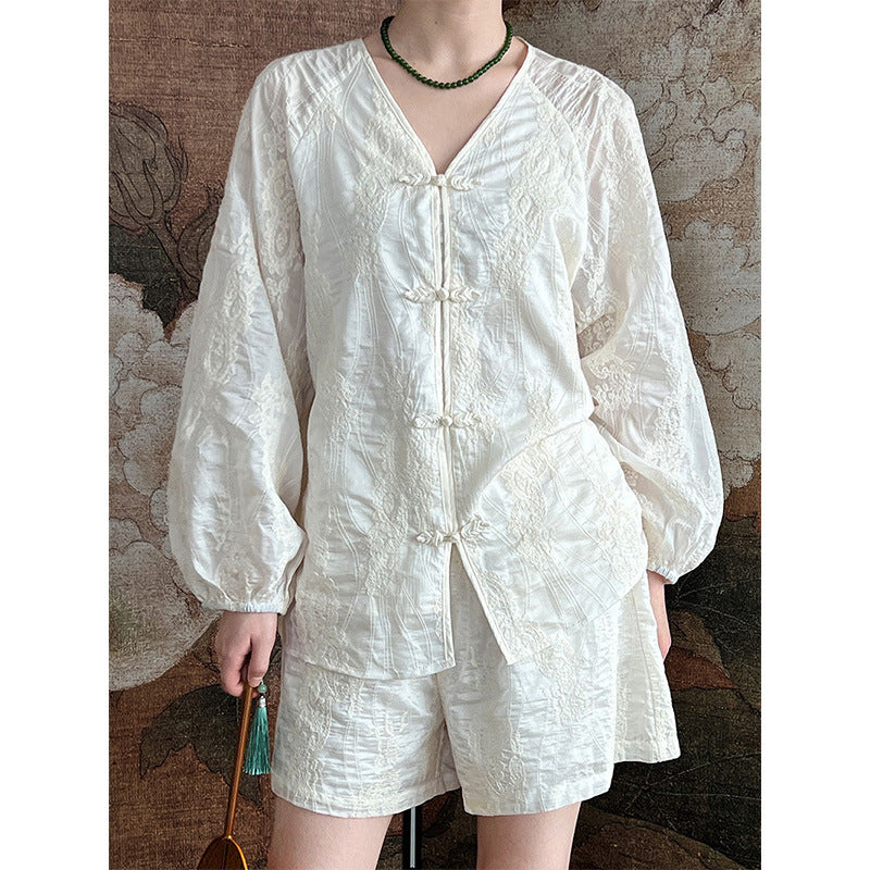 Tencel Sun Proof Two Piece Suit Crocheted Chinese Knot Button Embroidery Shirt Top Shorts Suit