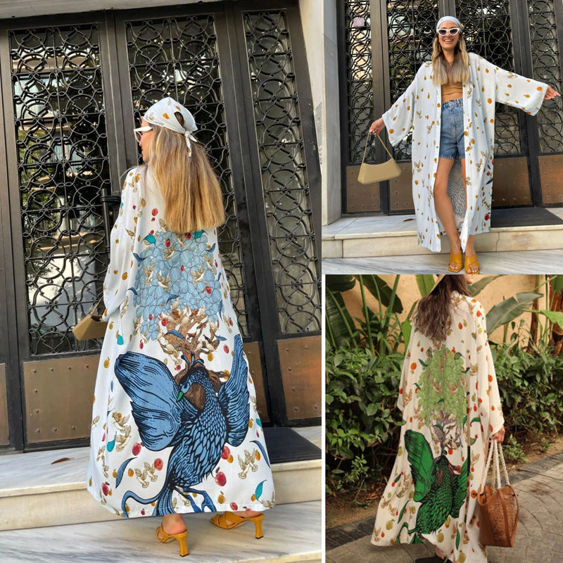 Polyester Printed Long Sun Protection Cardigan Women Swimsuit Outer Beach Cover Up Women's Vacation Beach Coat