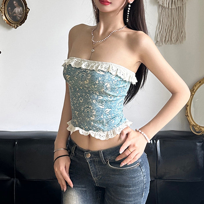 Plant Lace Sexy Contrast Color Tube Top Sexy Slim Fit Cropped Slimming Short Top