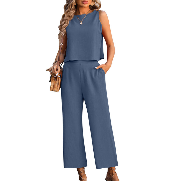 Summer Women Clothing Sleeveless Vest Wide Leg Cropped Pants Casual Two Piece Set