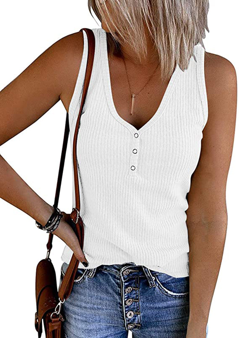 Summer Women Breasted Knitted Vest Solid Color V neck Sleeveless Top Women