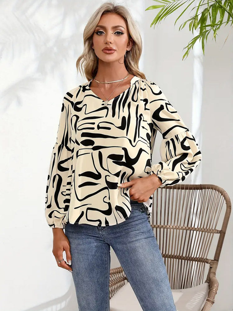 Summer Irregular Asymmetric Pattern Print V neck T shirt Office Loose Long Sleeve Top Women