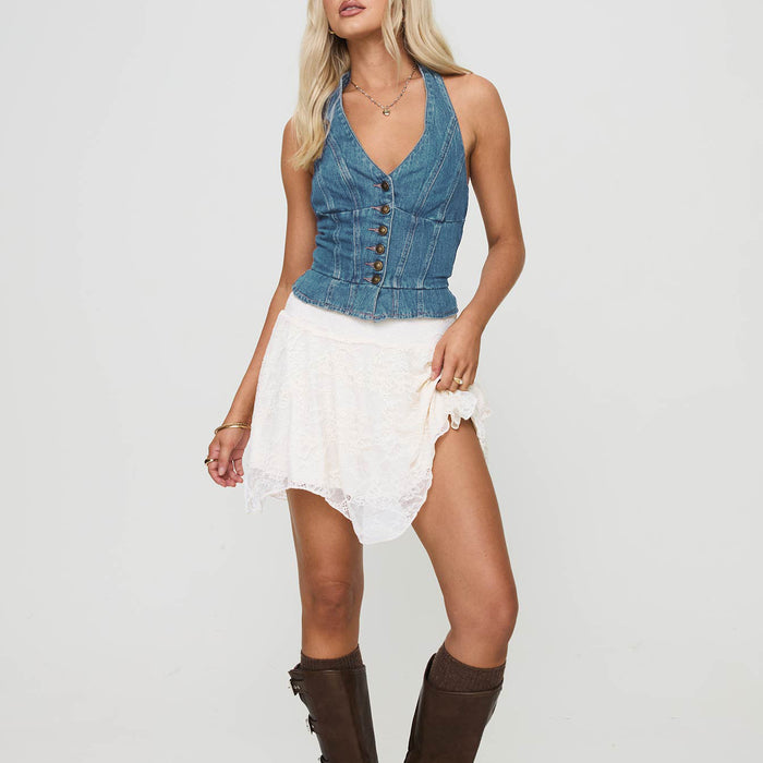 Halter Denim Vest Sexy Lace up Rope Button V neck Elegant Top