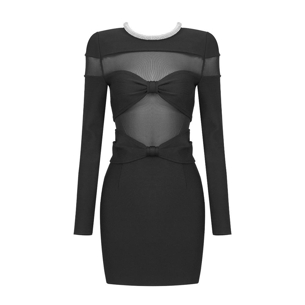 Spring Bow Mesh Rhinestone Strip Dress Black Long Sleeve Semi Transparent Sexy Women Clothing