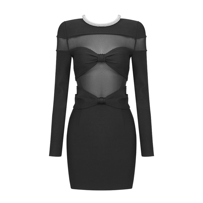 Spring Bow Mesh Rhinestone Strip Dress Black Long Sleeve Semi Transparent Sexy Women Clothing