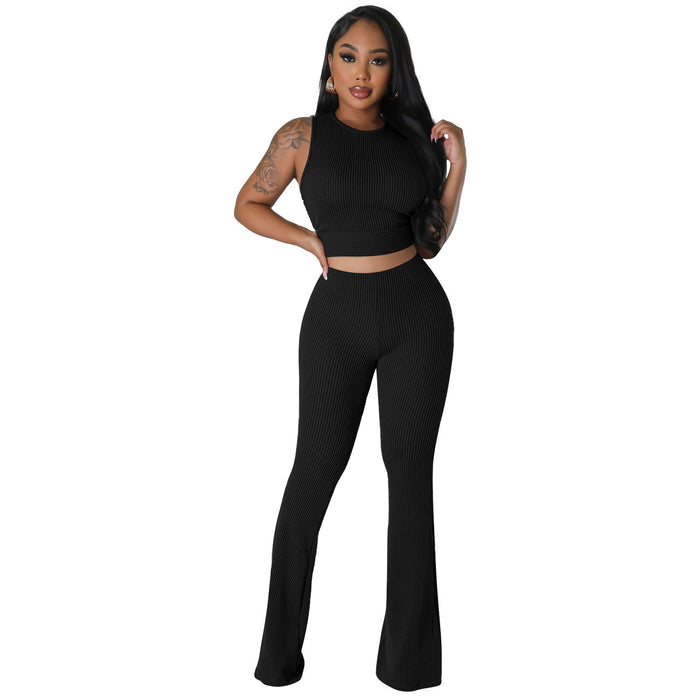 Women Casual Set Solid Color Rib Fabric Sleeveless Bootcut Trousers Two Piece Set