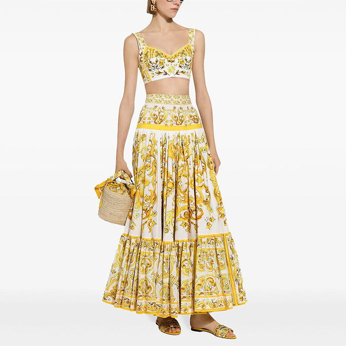 French Royal Two Piece Set Suspender Tube Top Yellow High Sense Printing Skirt Set