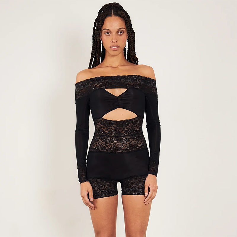Chic Women Autumn Sexy Lace Stitching Hollow Out Cutout Out Long Sleeve Off Shoulder Romper