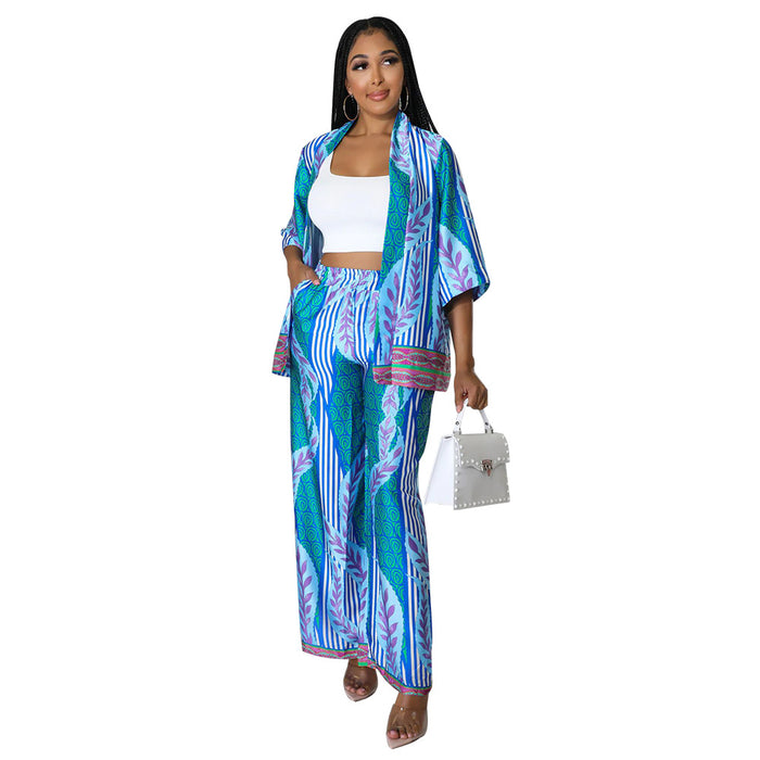 Women Clothing Silk-like Printed Wide-Leg Pants Two-Piece Set Multi-Color Optional