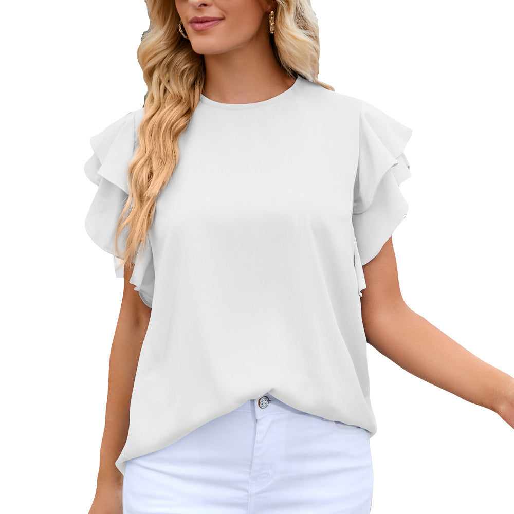 Summer Women Clothing round Neck Ruffle Sleeve Chiffon Shirt Top