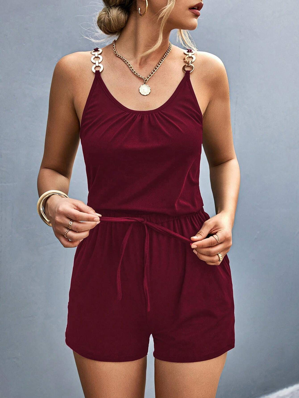 Women Clothing Summer Pleated Stitching Metal Strap Jumpsuit Women