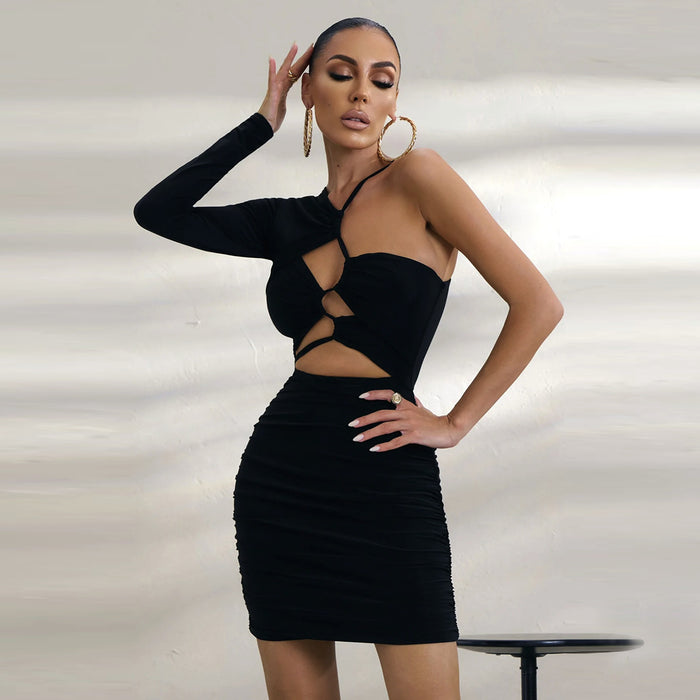 Women Clothing Pleated Hip Autumn Winter Sexy One Shoulder Tube Top Long Sleeve V neck Hollow Out Cutout Women Dress